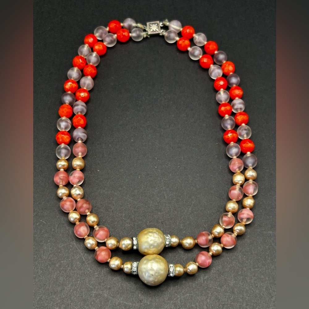 VTG Multi-Color Glass Beaded‎ Faux Pearl Necklace Sterling Clasp